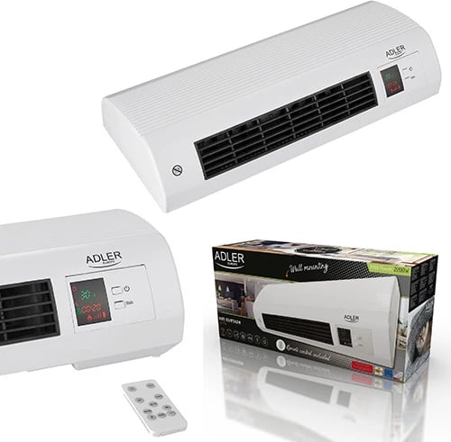 Perde ajri ngrohëse Adler AD 7714, 2200W max, 2 nivele 1000/2000W, element qeramik, termostat 7–38°C, kohëmatës javor, telekomandë, montim muri, bardhë