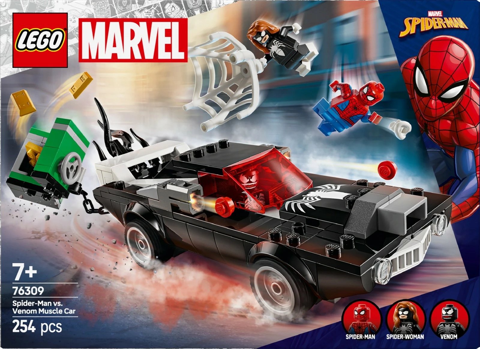 Set ndërtimi LEGO Marvel Super Heroes 76309 Spider-Man vs. Venom Muscle Car, 254 pjesë