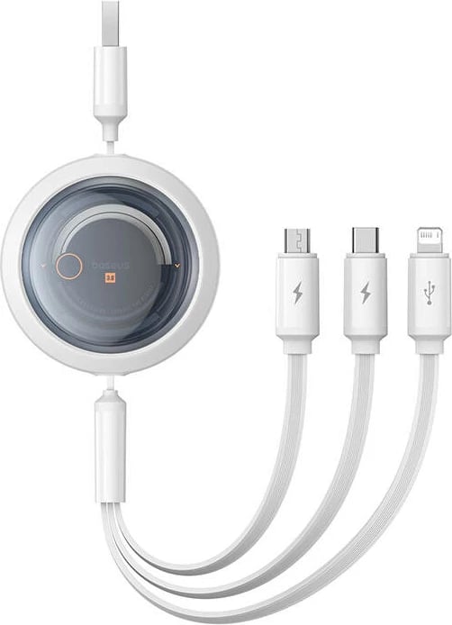 Kabllo karikimi 3-në-1 Baseus Free2Draw, USB në micro USB + USB-C + Lightning, 1.1m, e bardhë