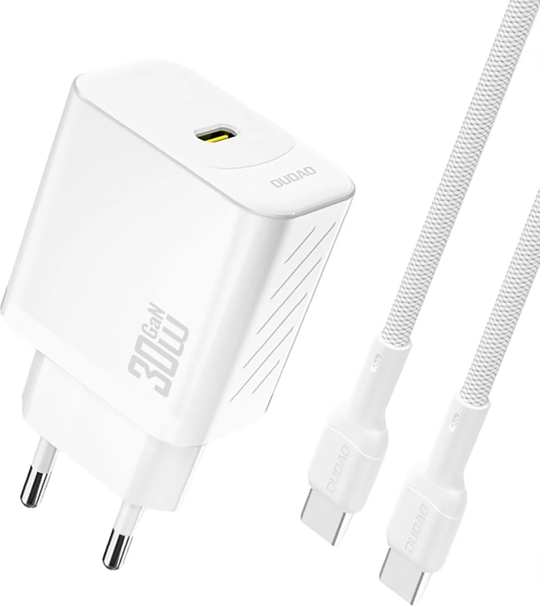 Karikues muri USB-C GaN, Dudao A27PCEU, PD 30W, 1 port, prizë EU, i bardhë, me kabllo USB-C