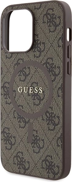 Mbështjellës Guess 4G Collection Leather Metal Logo MagSafe për iPhone 14 Pro Max, Kafe