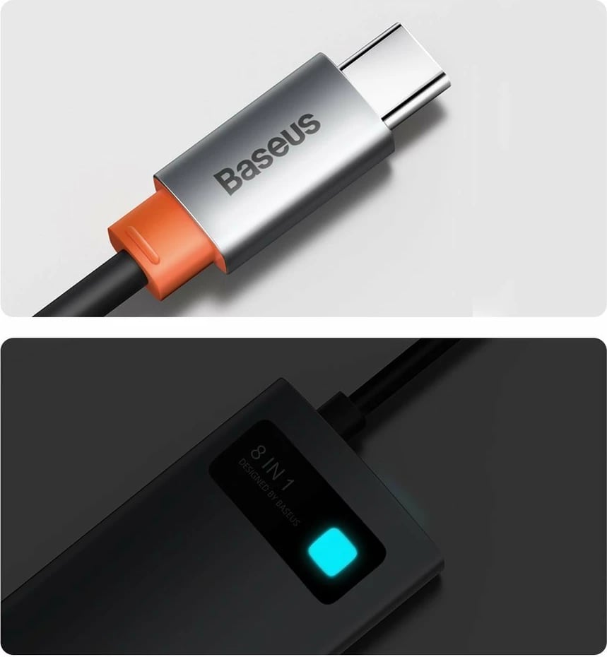 HUB Baseus Metal Gleam 8in1, USB-C, HDMI 4K, RJ45, 100W PD, Gri