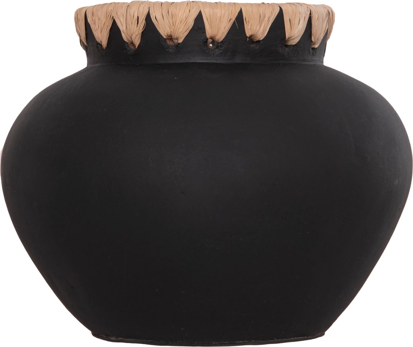 Vazo dekorative RENTON(S), terrakotë, FH4733, ngjyrë e zezë, me thurje kashte në buzë, Φ23x19H cm