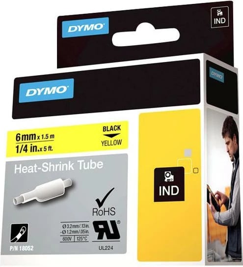 Tub termokurres për etiketim, Dymo RhinoPRO 18052, 6mm x 1.5m, raport tkurrjeje 3:1, e zezë në të verdhë