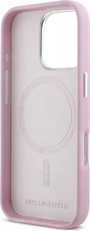Mbështjellës Karl Lagerfeld Saffiano Full Wrapped Elongated Metal Logo MagSafe për iPhone 16 Pro, Rozë