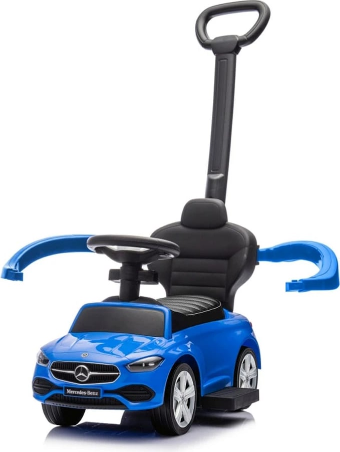 makinë ride-on me dorezë udhëzuese, Milly Mally Mercedes C-Class Deluxe, sedilje eko-lëkurë, goma gome, tinguj timoni, ngarkesë 25 kg, 12–36 muaj, blu