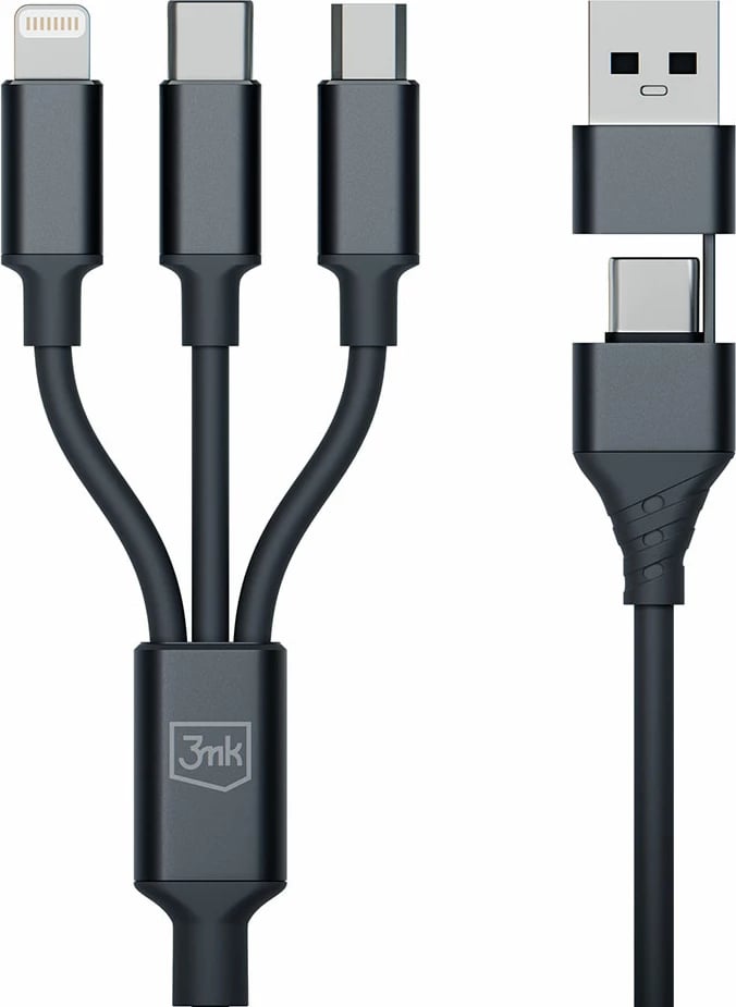 Kabllo 3in1 3mk Hyper Cable, 1.5m, USB-A në USB-C/Micro USB/Lightning, e zezë Kabllo 3in1 3mk Hyper Cable, 1.5m, USB-A në USB-C/Micro USB/Lightning, e zezë