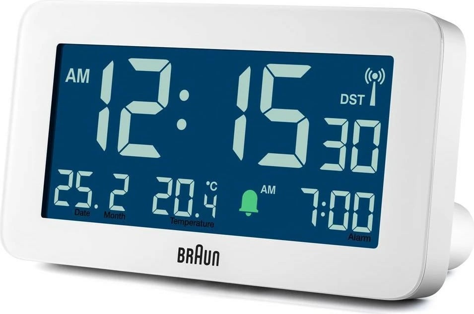 Alarm digjital Braun BC10, ekran LCD, termometër, orar 12/24h, bardhë Alarm digjital Braun BC10, ekran LCD, termometër, orar 12/24h, bardhë