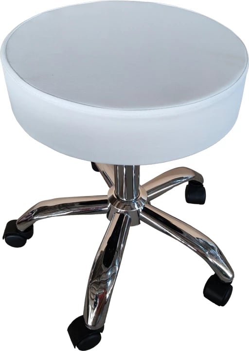 Stool pune rrotullues Tebere, lëkurë PU e bardhë, bazë metalike, 35x35x45-57cm