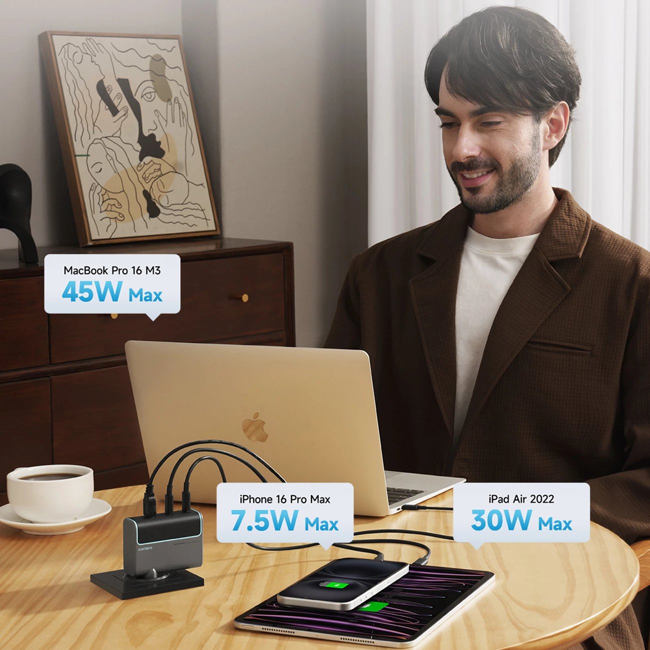 Karikues muri Cuktech CUKAD1003EUG GaN, 100W, 2x USB-C, 1x USB-A, me kabllo USB-C, Gri