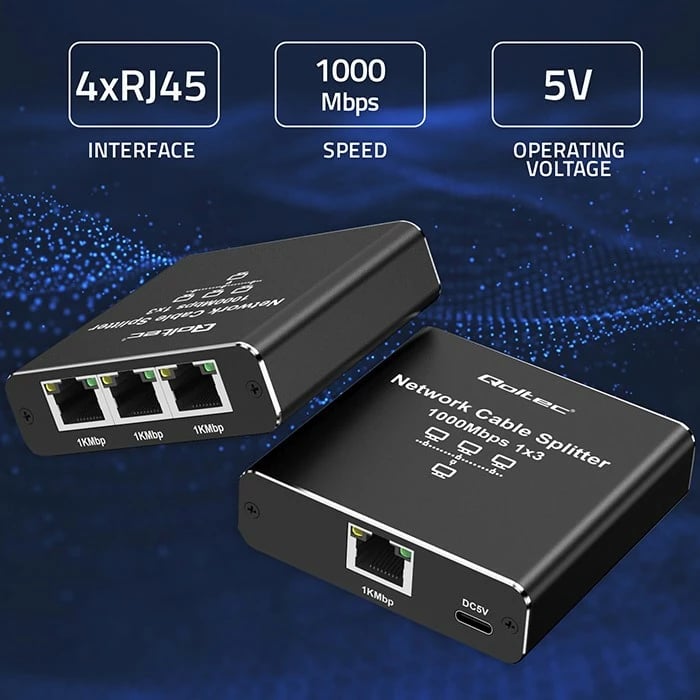 Switch i vogël Qoltec 52294, 3 porta RJ45, 1Gb/s, alumini, USB-C