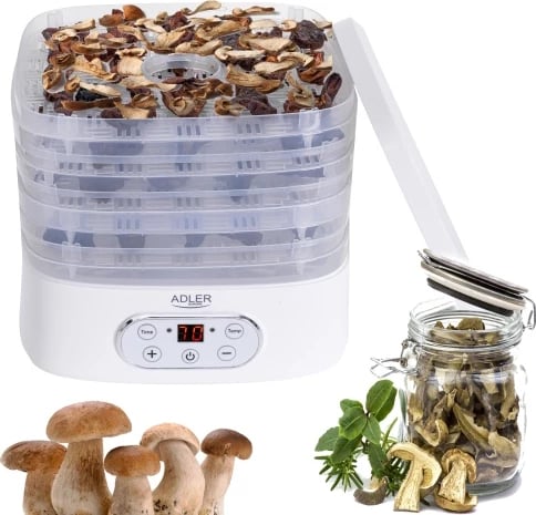 Dehidratues ushqimi, Adler AD 6658, 5 tabaka, temperaturë 35–70°C, timer 1–70 orë, 550W, LCD, i bardhë