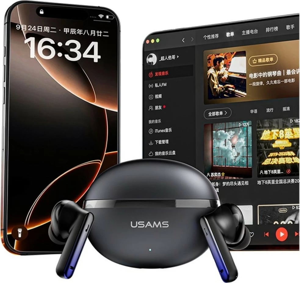 Kufje TWS USAMS Echo E02, Bluetooth 5.3, ANC+ENC, deri 29 orë me kuti, USB-C, e zezë