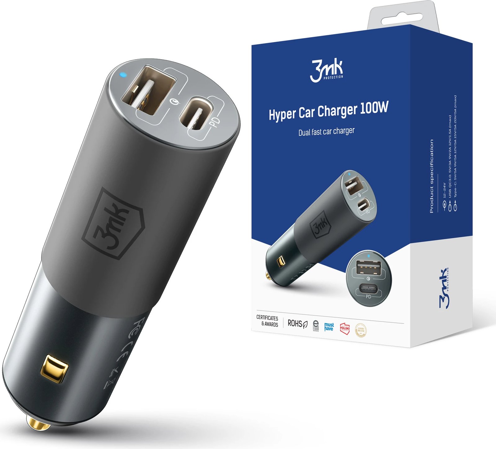 Karikues veture 3mk Hyper Car Charger 100W, 2 porta USB-A/USB-C, i zi