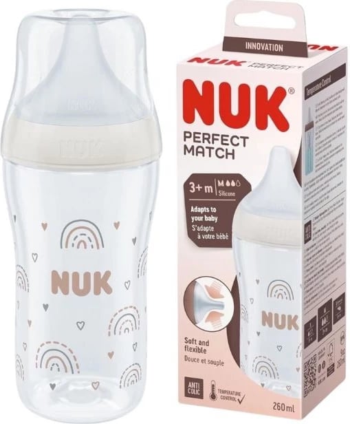 Biberon plastik për fëmijë NUK Perfect Match 3+ muaj, 260ml, e bardhë