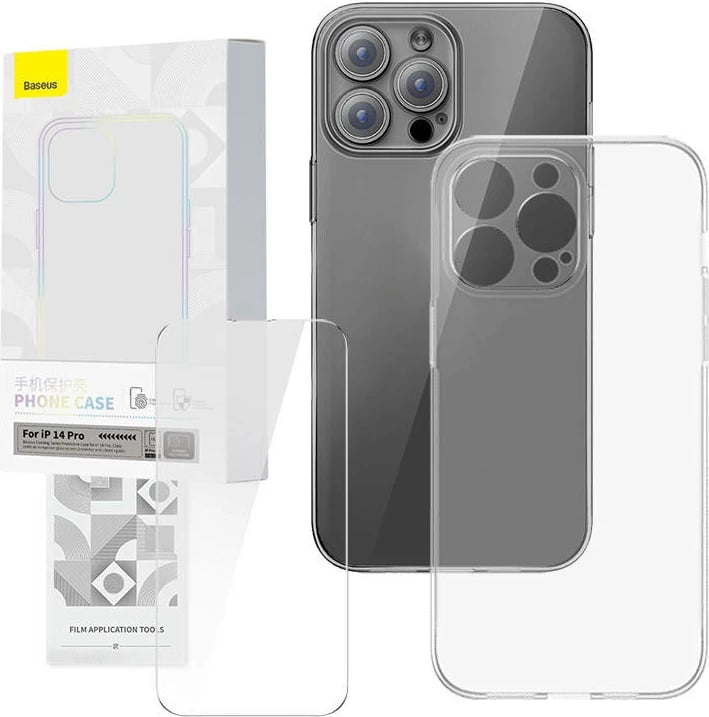 Mbështjellës transparent me xham të temperuar Baseus Corning për iPhone 14 Pro, Set