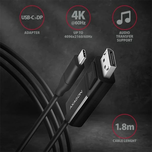 Kabllo AXAGON RVC-DPC USB-C në DisplayPort, 1.8m, 4K/60Hz, e zezë