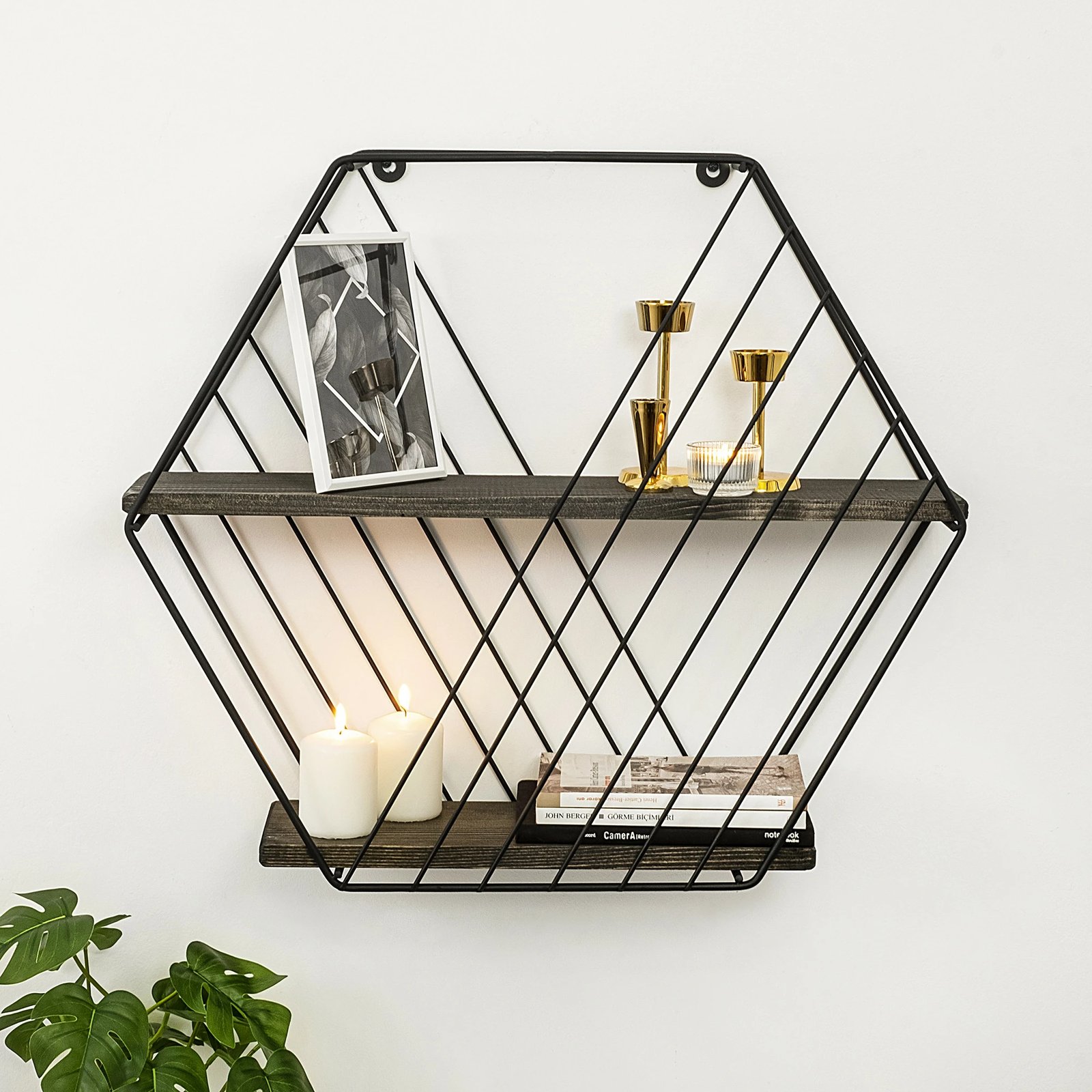 Raft muri Hanah Home, Anemone Vulgaris, ngjyrë e zezë dhe arre e errët, 60x52x15cm