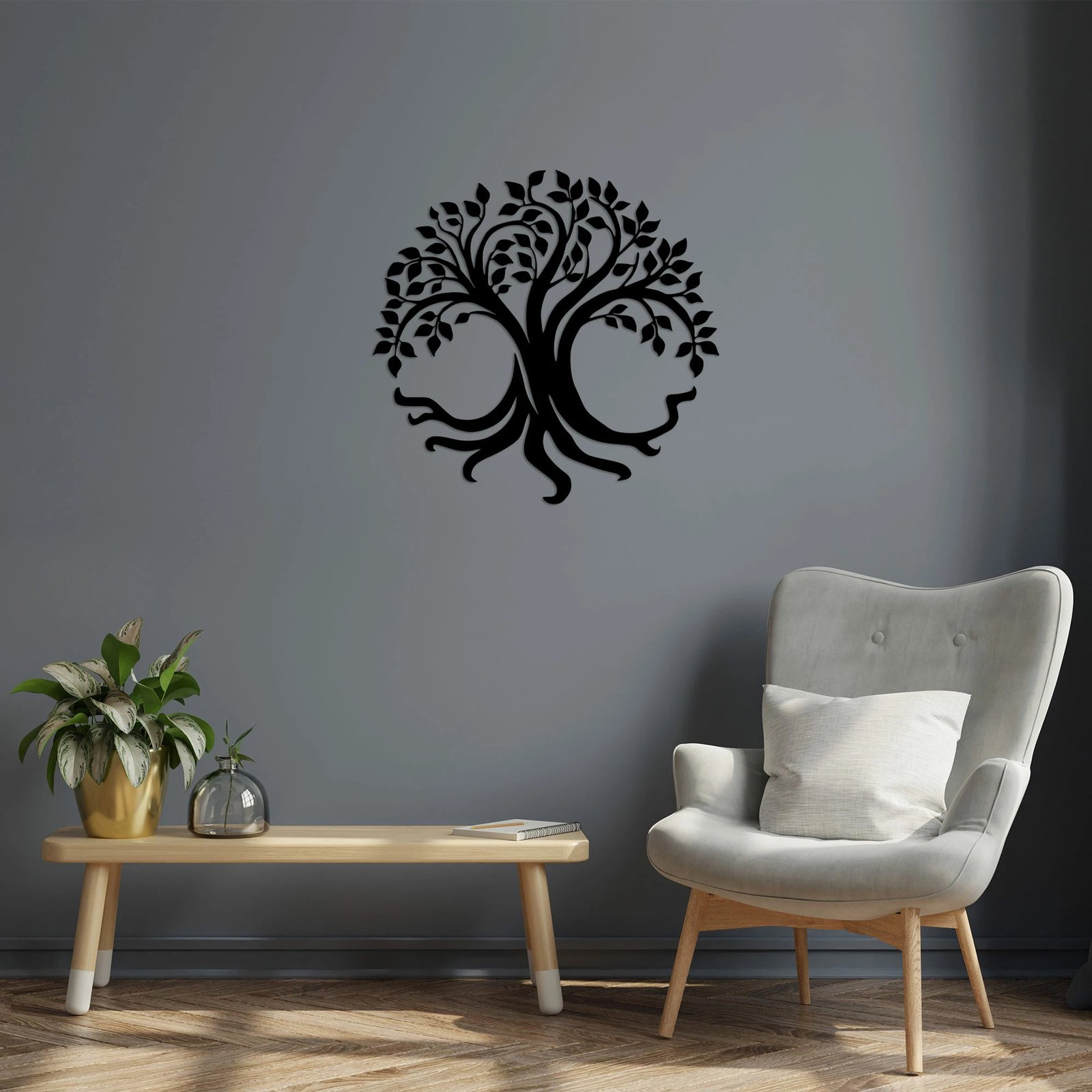 Aksesor dekorativ muri prej metali, pemë e jetës, ngjyrë e zezë, 71x69cm