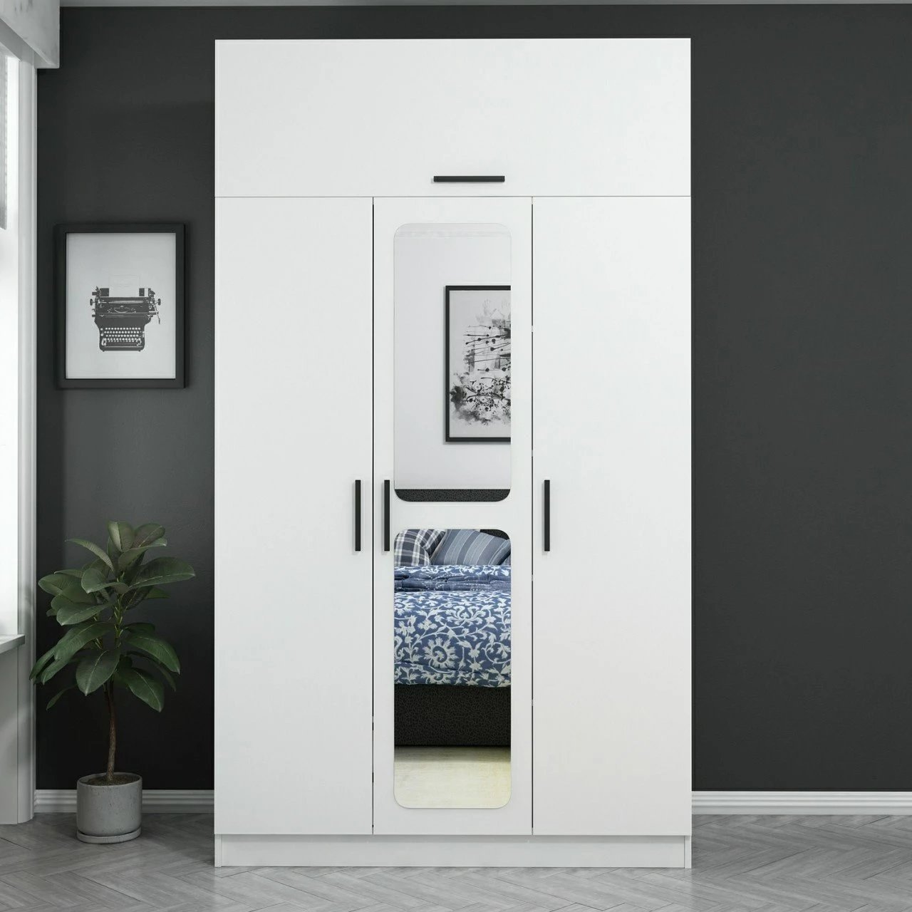 Dollap Hanah Home, Kale 3 kapakë me pasqyrë, i bardhë, 135x52x235cm