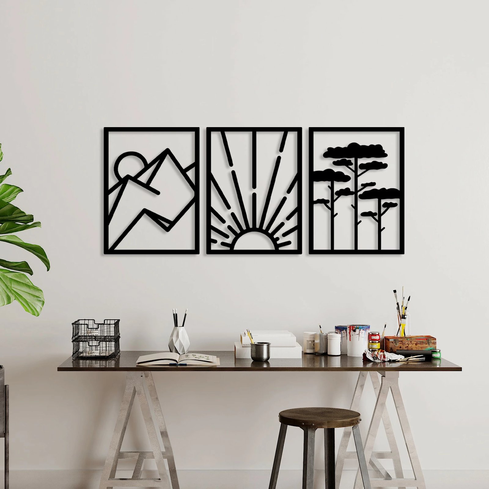 Aksesor dekorativ metalik për mur, Wallity Vista Trio B, 3 pjesë, ngjyrë e zezë, 56x42cm