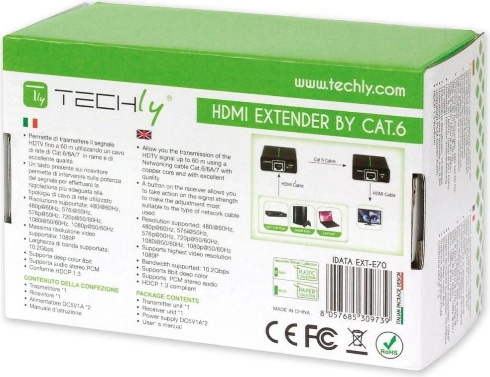 Amplifikues Techly HDMI Full HD, Cat. 6A,  7 IDATA EXT-E70 Amplifikues Techly HDMI Full HD, Cat. 6A,  7 IDATA EXT-E70