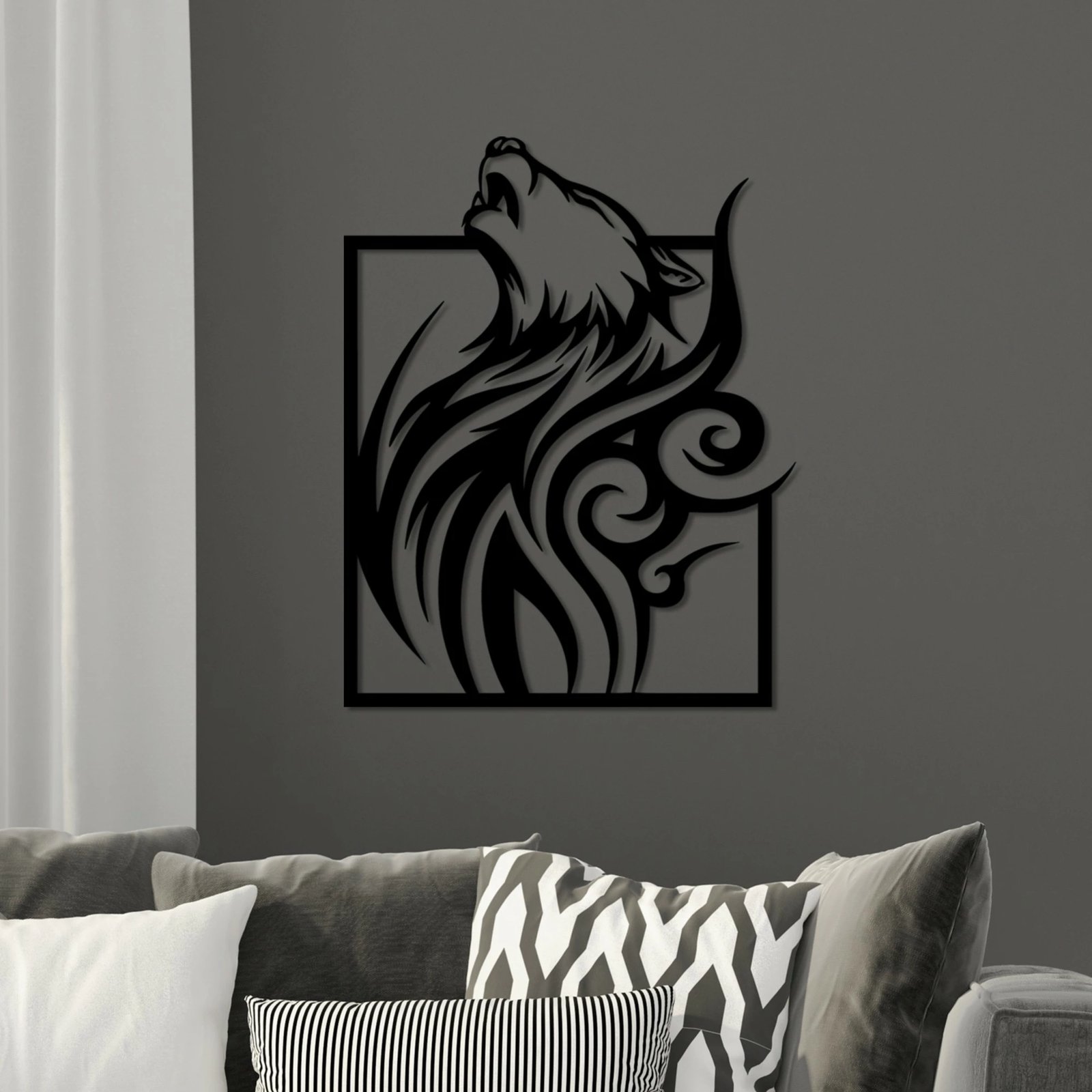 Aksesor dekorativ metalik për mur, ujk në kornizë, Wallity