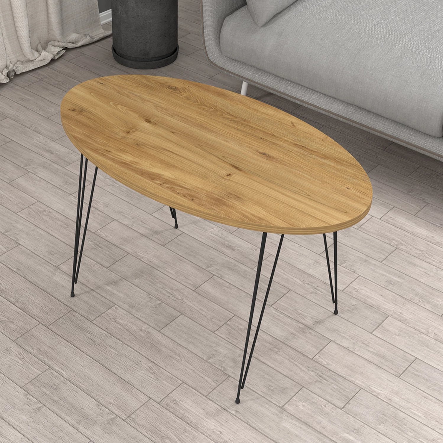 Tavolinë kafeje ovale, ngjyrë druri natyral, këmbë metali të zeza, GRANIT FH18177.04, 90x50x42 cm