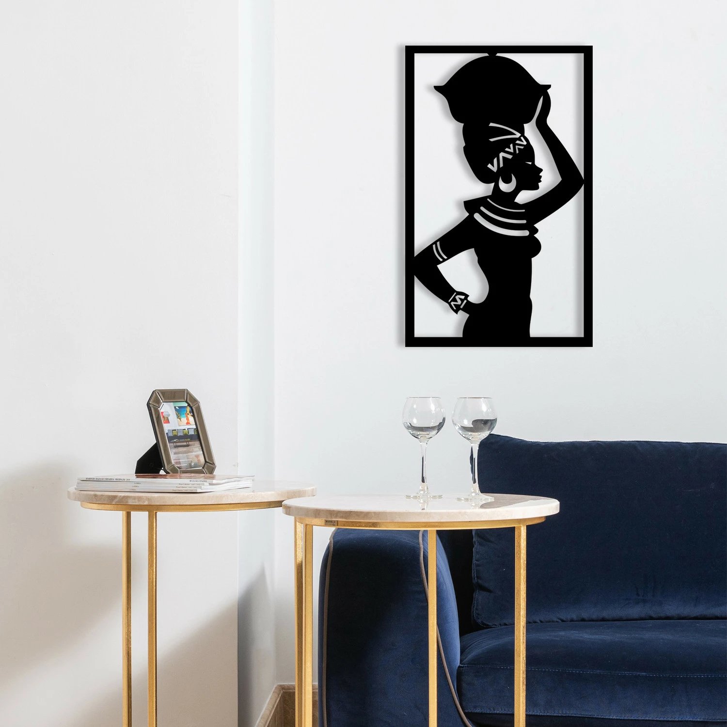 Aksesor dekorativ metalik për mur, Wallity, motiv afrikan, ngjyrë e zezë, 35x56cm