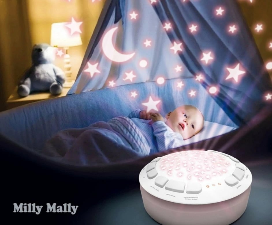 Lodër pelushi me projektor, Milly Mally Milly Sheep 5664, 10 ninulla, 5 zhurma të bardha, timer 30/60/90 min, 7 drita, me bateri AA, 30×15.5×23 cm, e bardhë