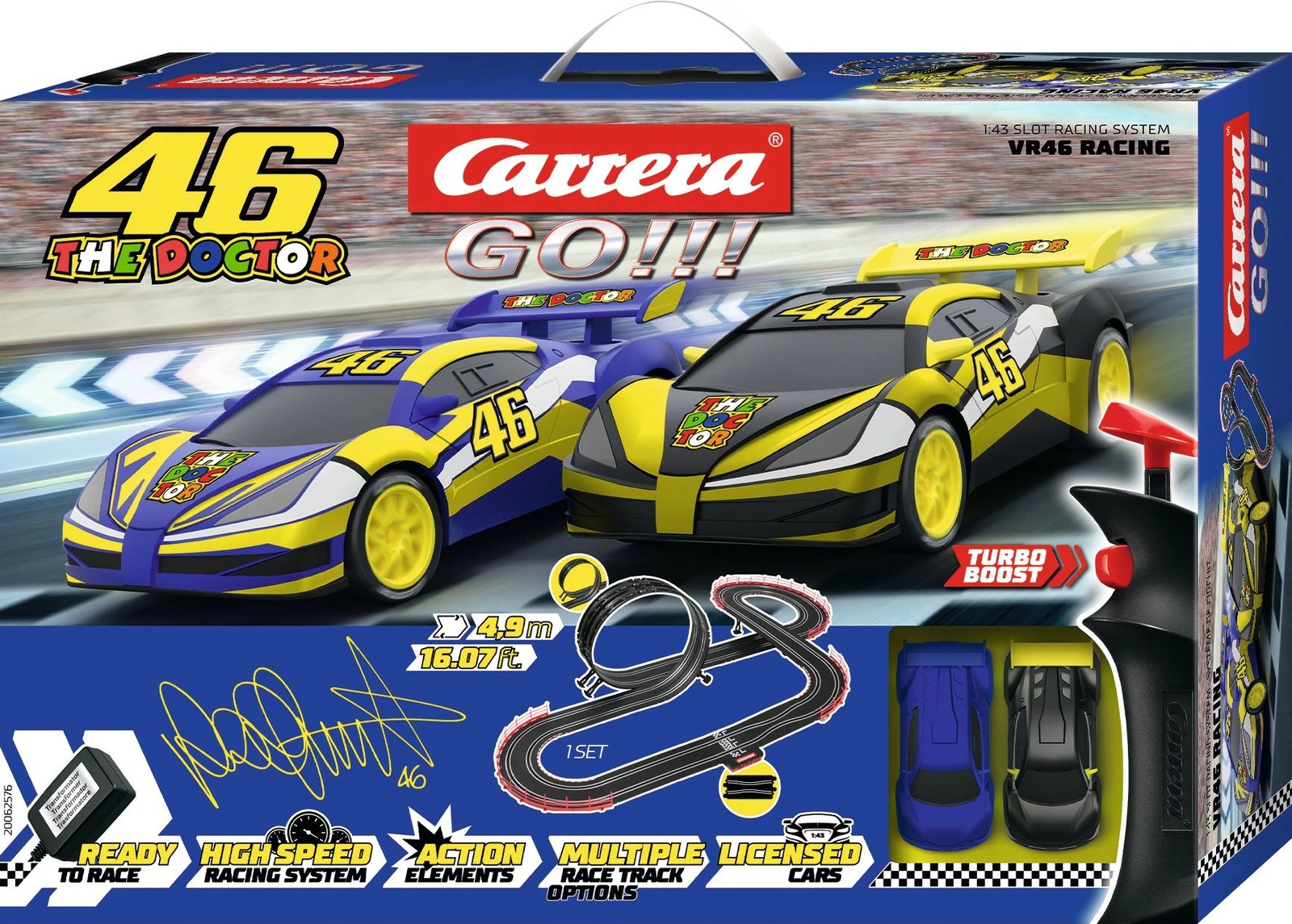 Set garash Carrera GO!!! VR46 Ultimate Racing, 2 makina, pista 4.9m, shumëngjyrësh