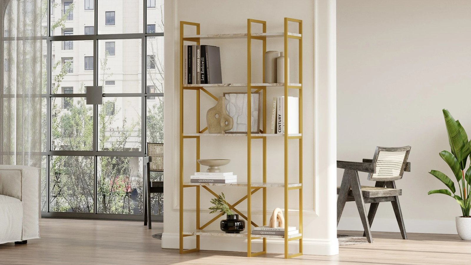 Raft librash Hanah Home, ngjyrë mermeri të bardhë dhe ari, Vg4-Ge