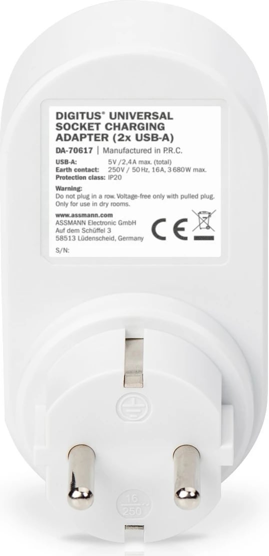 Adapter universal prizë Digitus me 2 USB-A, gri/bardhë