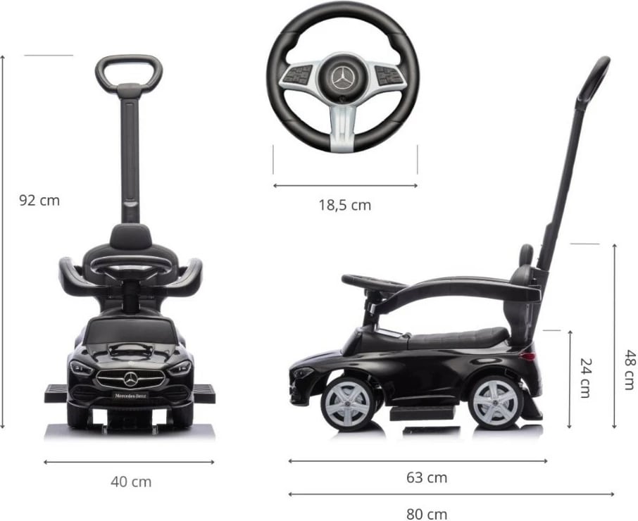 makinë ride-on Milly Mally Mercedes C-Class 6107, 4 rrota, me dorezë shtytëse, me tinguj (AAA), e zezë