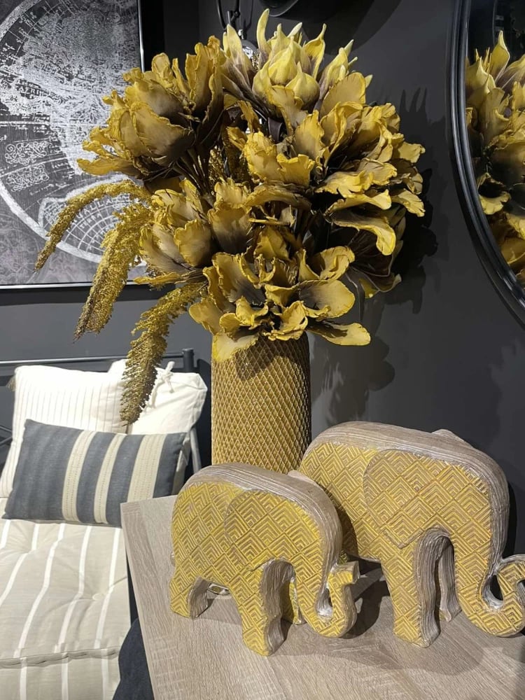 Dekor elefant Africana, polirezine, ngjyrë e verdhë, 25x11x18 cm