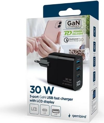 Karikues muri Gembird TA-UC-PDQC30LCD-BK-02, 30W, 3 porta USB, Ekran LCD, i zi