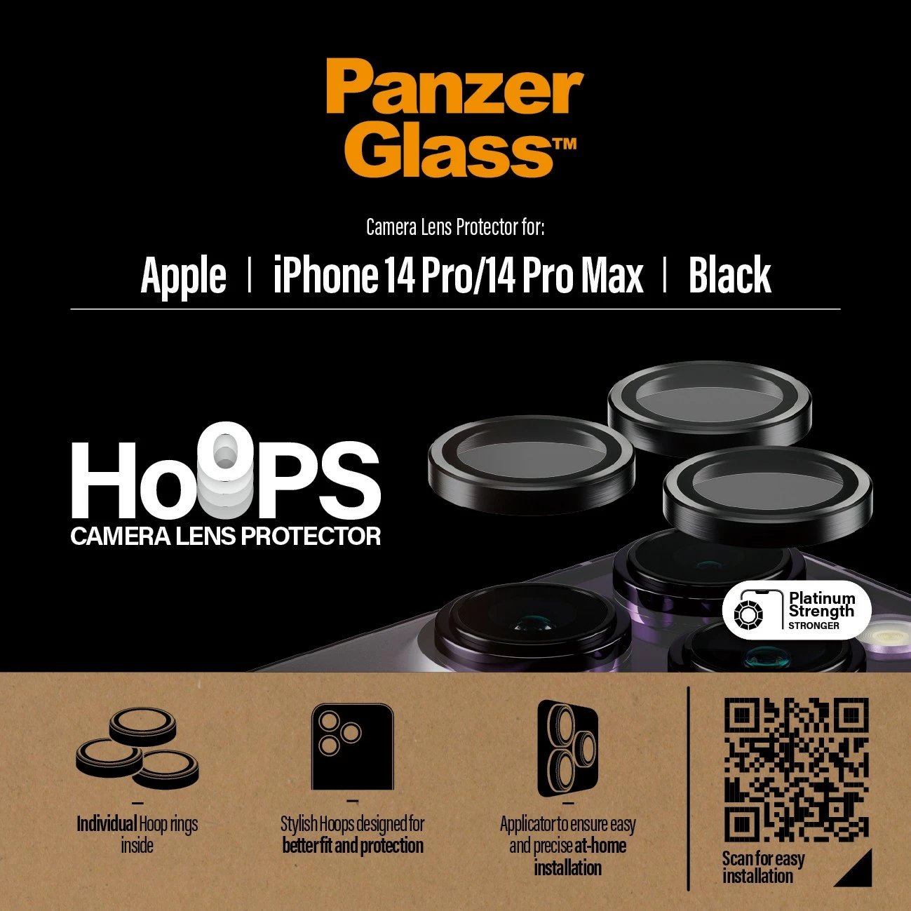 Mbrojtës kamerash PanzerGlass për Apple, xham i temperuar, i zi