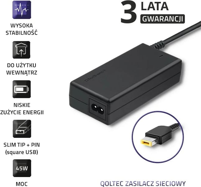 Adapter rryme për laptop Qoltec 50098.45W, 20V, 2.25A, Slim Tip + Pin, i zi