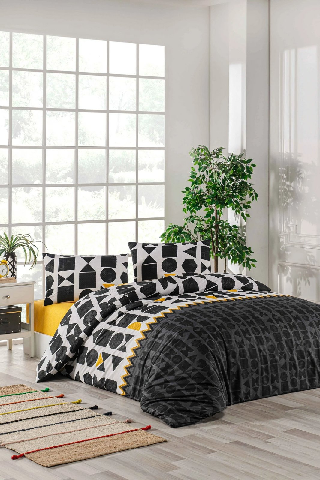 Set mbulesë jorgan për teke XXL, Ranforce, ngjyrë e zezë, e verdhë, e bardhë, L'essentiel, Etnik