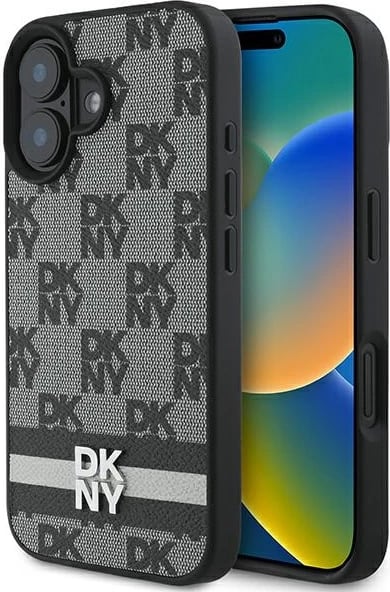 Mbështjellës DKNY Checkered Pattern & Printed Stripes për iPhone 16, i zi