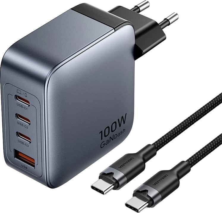 Karikues Vention TZ-FET-EU, 100W GaN, 3x USB-C, 1x USB-A, me kabllo USB-C në USB-C 1m, Gri