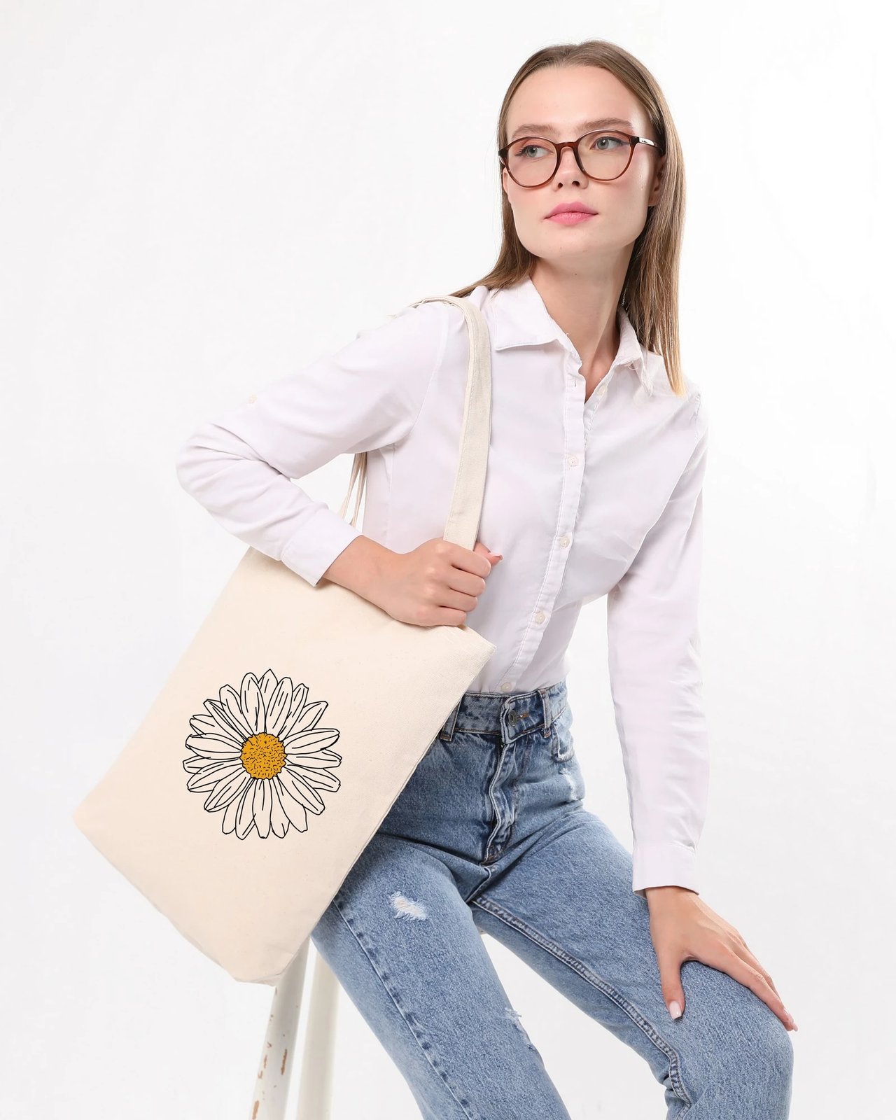 Çantë tote Zoozie Bags, krem, 35x40x8cm, me lule