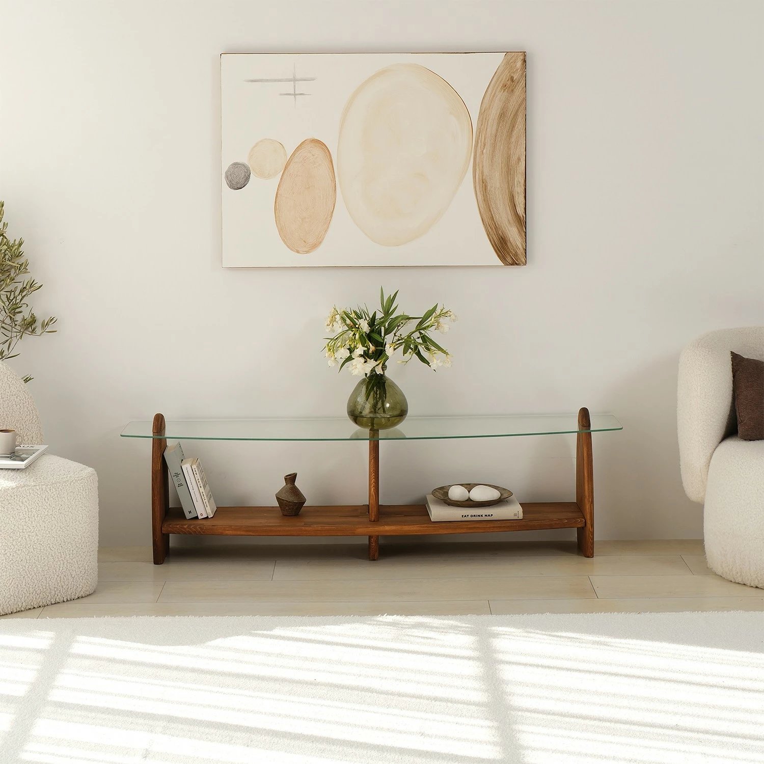 Komodë TV Skye Decor, ngjyrë gështenjë, xham transparent