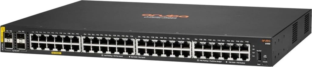 Switch HPE Aruba 6100, 48 porte Gigabit, 4 SFP+, PoE+ 370W, i zi
