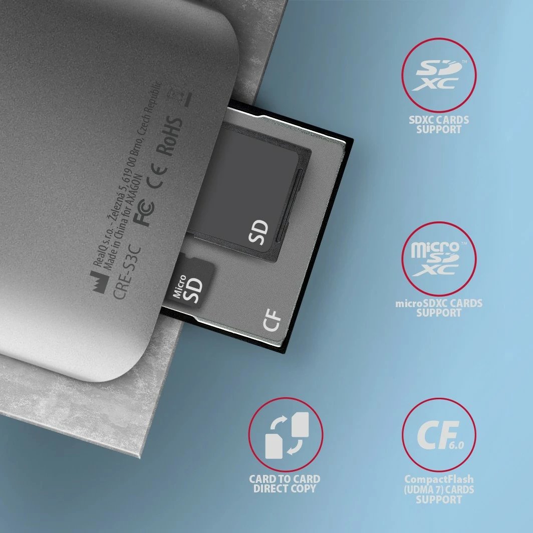 Lexues kartelash AXAGON CRE-S3C, USB-C, 3 slote, alumini, Gri