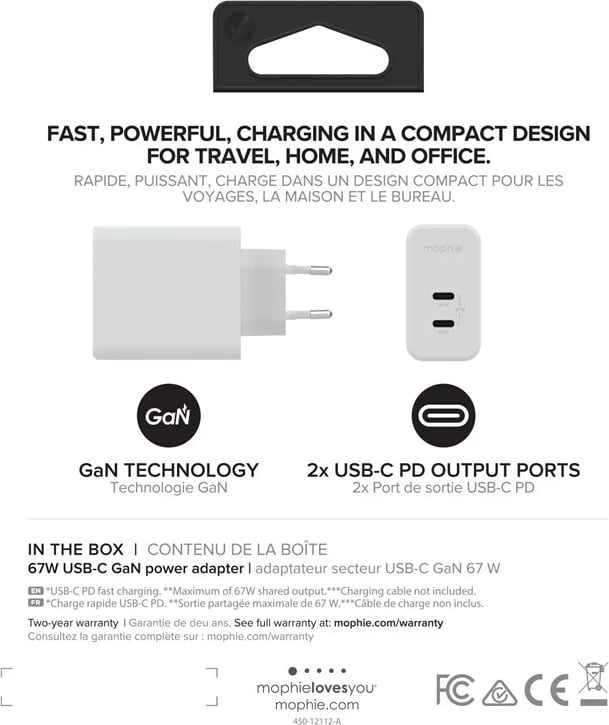 Karikues muri mophie, 2x USB-C, 67W, GaN, i bardhë, EU