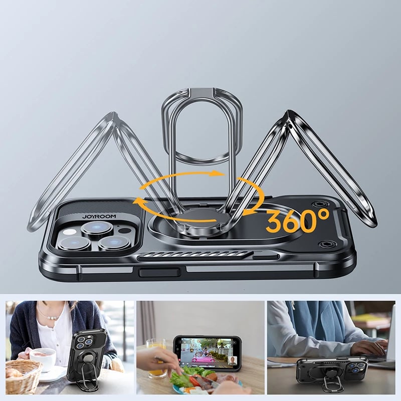 Mbështjellës Joyroom Dual Hinge për iPhone 14 Pro, me mbajtëse dhe unazë, i zi