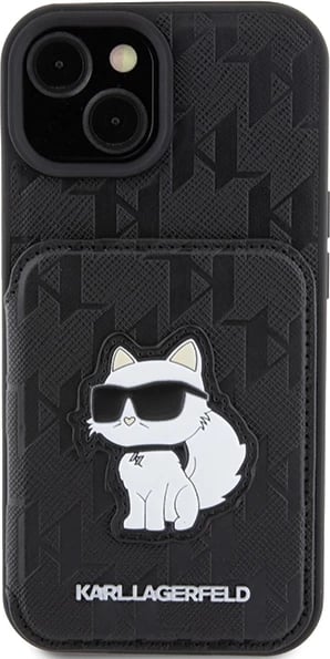Mbështjellës Karl Lagerfeld Saffiano Cardslots & Stand Monogram Choupette për iPhone 15, i zi