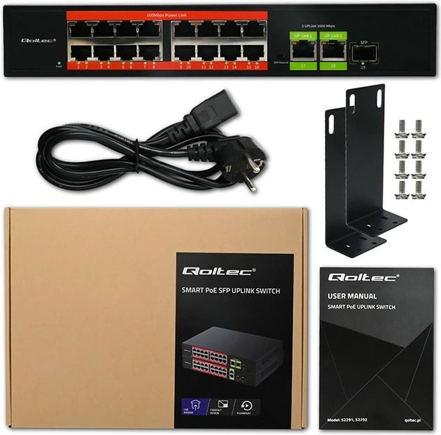 Switch Qoltec 52291 16x RJ45 10/100 PoE, 2x RJ45 uplink 1000, 1x SFP 1000, unmanaged