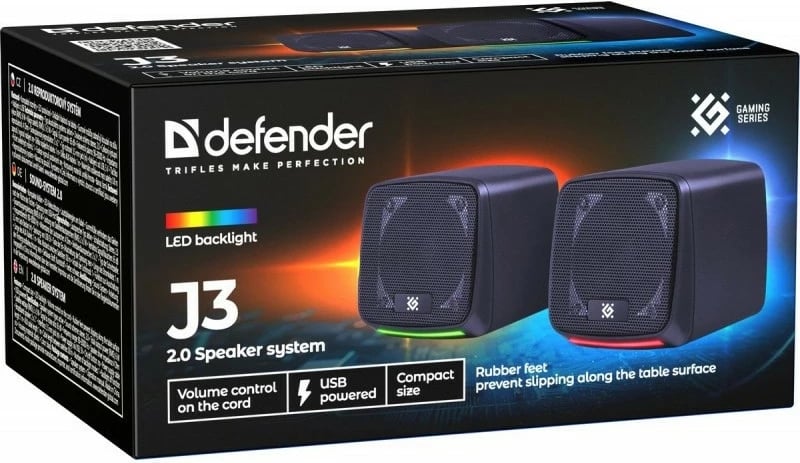 Altoparlantë për kompjuter, Defender J3 (65963), sistem 2.0 6W, USB me AUX, me LED, e zezë